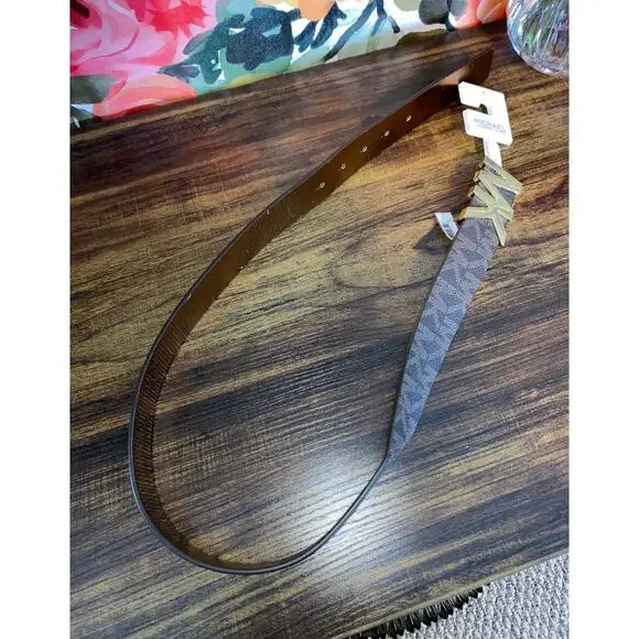 NWT Michael Kors Brown MK Logo Belt Gold Buckle Size Small - Picture 8 of 12